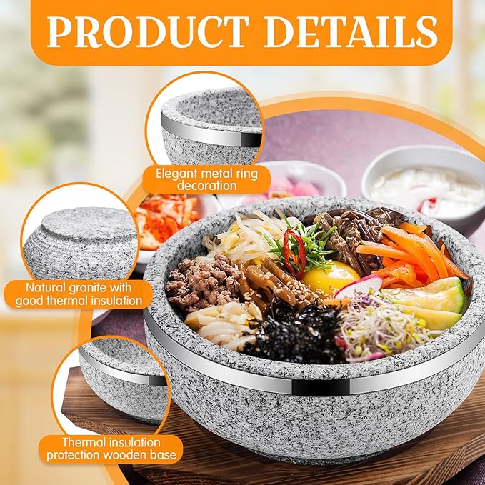 Lallisa 4 Set Dolsot Bibimbap Stone Bowl with Wood Base and Aluminum Tongs Dolsot Pot Stone Bowls Sizzling Hot Pot for Korean Restaurants, Soup, Rice, Stew (32 oz)