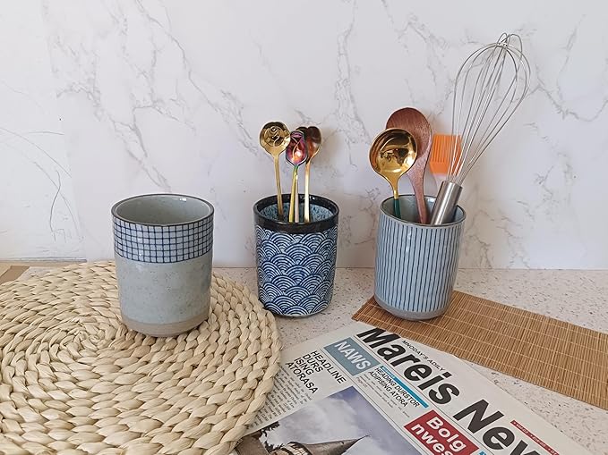 Stoneware Coffee Bar Utensil Holder Tea & Coffee Spoon & Stirrer Holder for Stir Stick Straw Teaspoon Holder Spoon Cup Small Utensil Jar (Blue Wave)