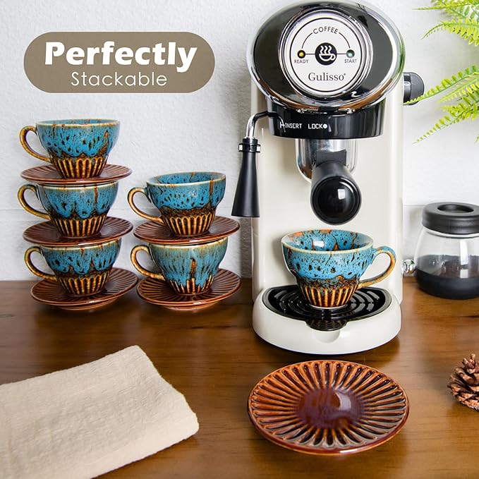 4 oz Espresso Cups Set of 6, Ceramic Cappuccino Cups with Saucers, Stackable Coffee Cup for Macchiato, Double shot, Tea, Coffee Lover Gifts, Glazed Blue
