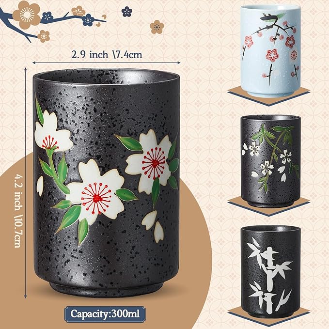 Qinyoung 4 Pcs Japanese Tea Cups 10 oz Ceramic Christmas Japanese Gifts Chinese Restaurant Sakura Teacups No Handles Japan Mug Souvenirs for Tea Latte Coffee Juice