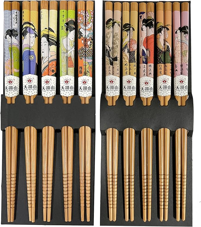 10 Pairs Reusable Bamboo Chopsticks, Edo Period Lady Pattern Natural Bamboo Wood Chopsticks, 8.8Inch/22.5cm Polybag packing by LANHUTHS
