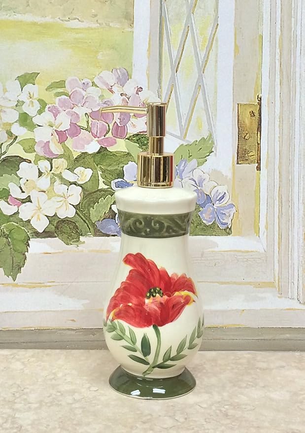 ACK Tuscany Floral Poppy Hand Painted Ceramic Collection Refillable Soap Dispenser, Lotion Jar, Kitchen Décor, Bathroom Décor