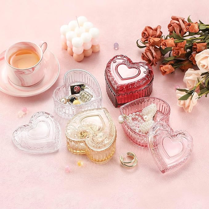 WHJY Glass Jewelry Box for Girls Heart Shaped Container with Lids Small Decorative Trinket Organizer for Vanity Room Decor Crystal Red Storage Jar for Rings Earrings Necklaces