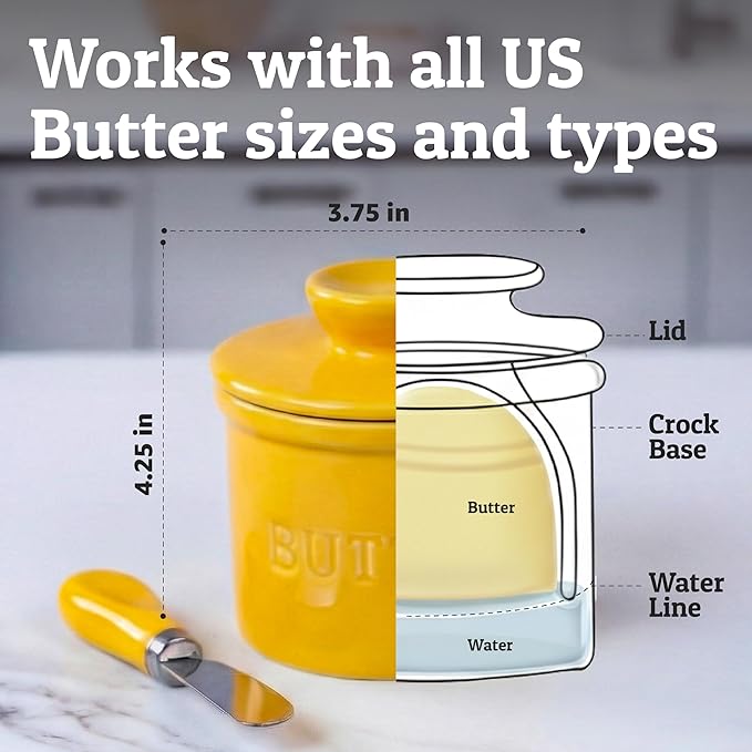 PriorityChef Butter Crock with Lid with Water Line, Ceramic French Butter Dish to Leave On Counter, Yellow