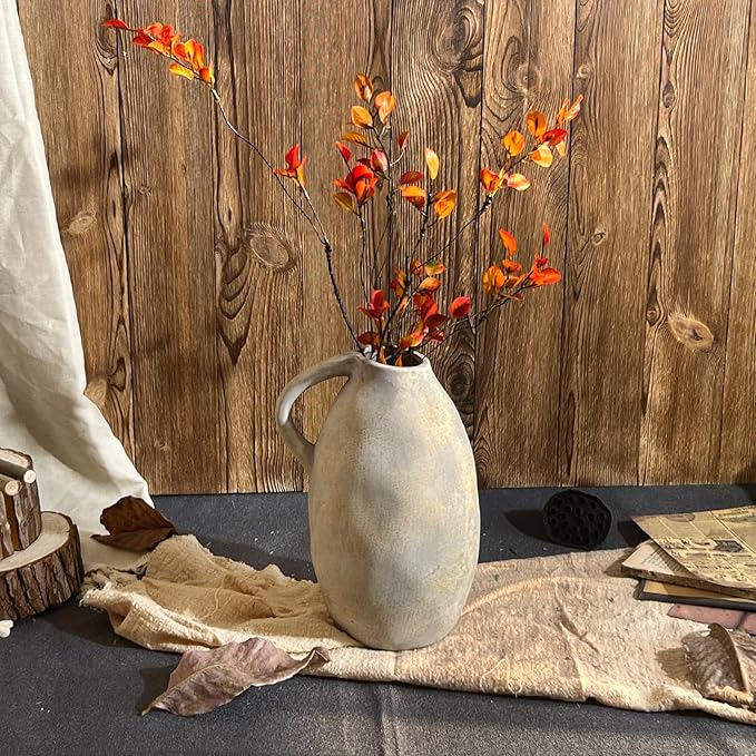 10.3 Inch Ceramic Rustic Farmhouse Vase with Handle, Vintage White Grey Pottery Flower Vase, Rustic Vase for Home Decor, Farmhouse Kitchen, Bedroom, Wedding, Thanksgiving Centerpiece