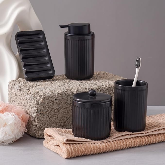 Ceramic Bathroom Accessories Set,Foam Soap Dispenser and Toothbrush Holder Set, Soap Dish, Apothecary Jars,Rustic Farmhouse Decor, Bathroom Home Decor (Black Set, Foam)