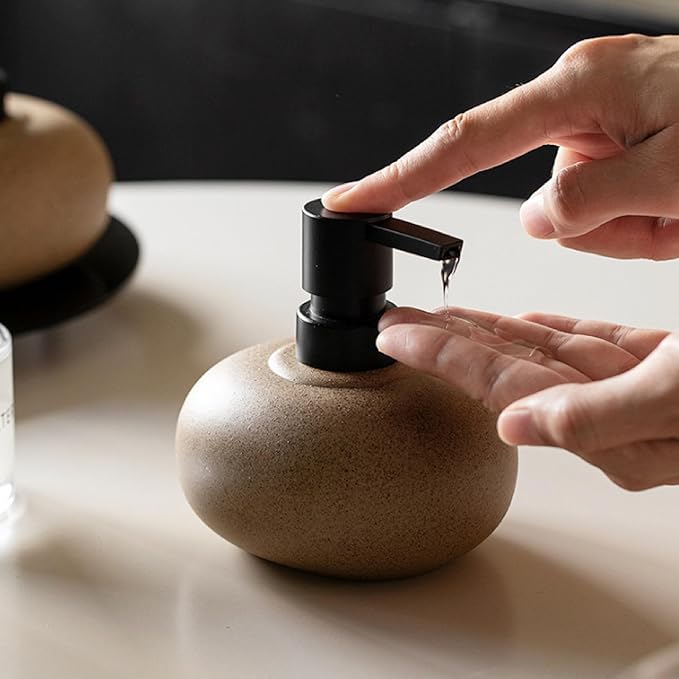 10oz Ceramic Hand Soap Dispenser, Elegant Liquid Soap Dispenser for Bathroom Countertop, Heavy & Sturdy Dish Soap Dispenser for Kitchen (Brown Set of 2 & Ceramic Tray)