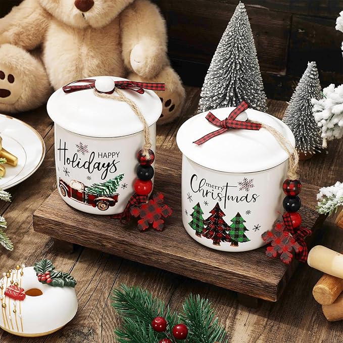 Whaline 2Pcs Christmas Mini Ceramic Canister Red Green Plaid Xmas Tree Truck Snowflake Mini Jar Holiday Candy Holder with Lid Bow for Xmas Winter Home Decor Storage Accessory