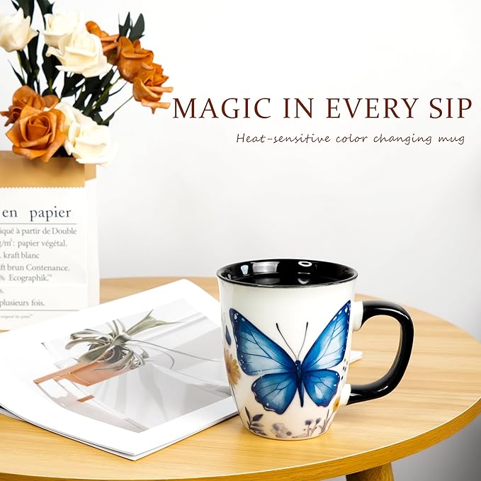 16 oz Butterfly Mug - Color Changing Ceramic Tea Cup for Women - Heat Sensitive Novelty Gift for Butterfly Lovers