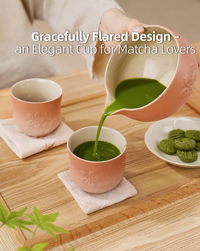 ZENS Japanese Tea Cups Set of 4 – 210ml Ceramic Handleless Tea Cups, Embossed Design, Traditional Japanese Style Cups for Matcha Tea, Hot Tea, Espresso, Pink