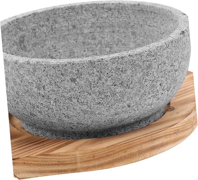 ABOOFAN Large Korean Stone Pot Bowl Deep Bibimbap Bowl Korean Style Serving Natural Stone Carbonized Wood Trivet