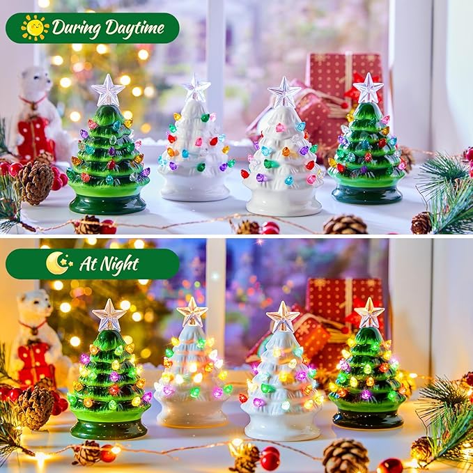 5 Inch Mini Ceramic Christmas Tree Set - 4 Pack Pre-lit Tabletop Christmas Tree with Multicolored LED Lights, Battery Operated Small Lighted Tree for Home Office Table Holiday Decorations