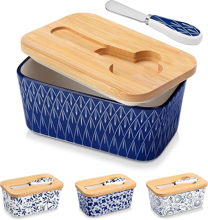 vancasso SELENE Butter Dish with Lid, 6.5" Large Butter Dish for Countertop, Ceramic Butter Keeper Container with Knife and Bamboo Lid, Geometric Weave Pattern