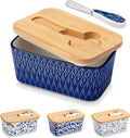vancasso SELENE Butter Dish with Lid, 6.5" Large Butter Dish for Countertop, Ceramic Butter Keeper Container with Knife and Bamboo Lid, Geometric Weave Pattern