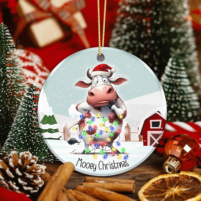 Cow Ornament 2025, Mooey Christmas – Funny Farmhouse Christmas Tree Decoration, Cute Cow Tangled in Lights, Rustic Barn Winter Scene, Ceramic Holiday Ornament for Cow Lovers, Farmers