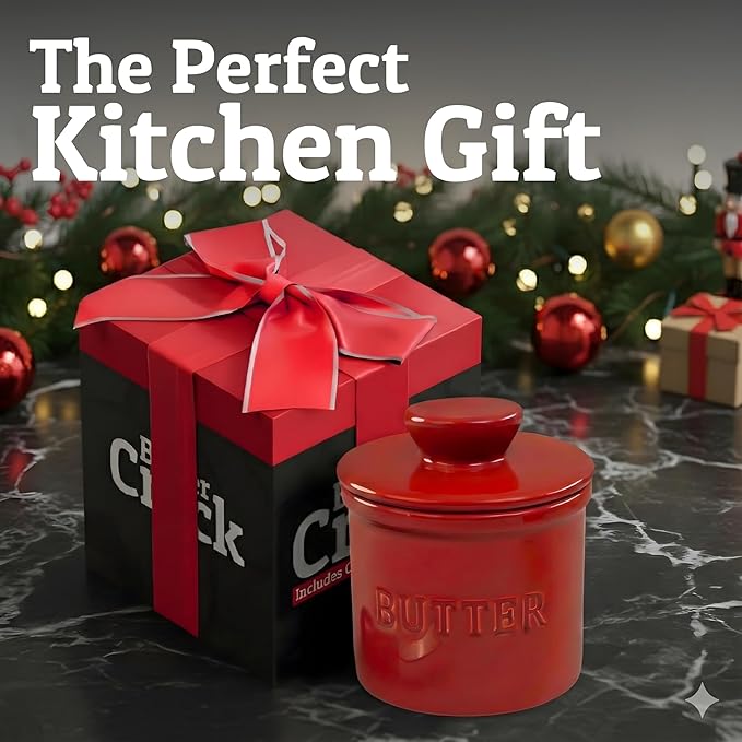 PriorityChef Butter Crock with Lid with Water Line, Ceramic French Butter Dish to Leave On Counter, Red