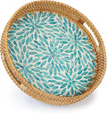 YANGQIHOME Round Rattan Tray with Handle, Mother of Pearl Inlay Decorative Wicker Basket for Coffee, Bread, Fruits, Serving Tray for Home Decor, Blue Flower