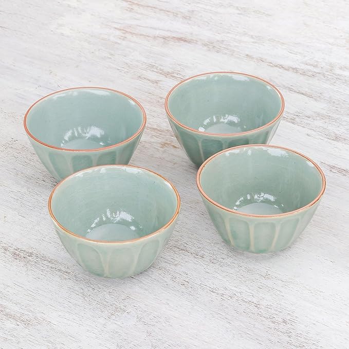 NOVICA Artisan Handmade Celadon Ceramic Bowls from Thailand Set of 4 Green Tableware Dinnerware [ 2.8in H x 4.7in Diam. 10 Oz.] ' Simple Thai' Set of 4