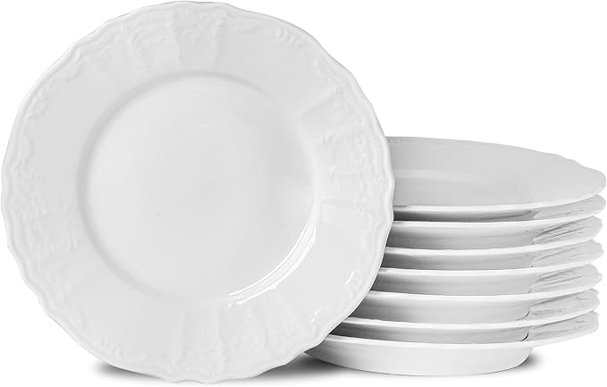 8 Pack Ceramic Dessert Plates Appetizer, 7.5 inch Small Round Dinner Plates, Embossed White Plates Salad Plate for Pancakes, Snacks Side Dish
