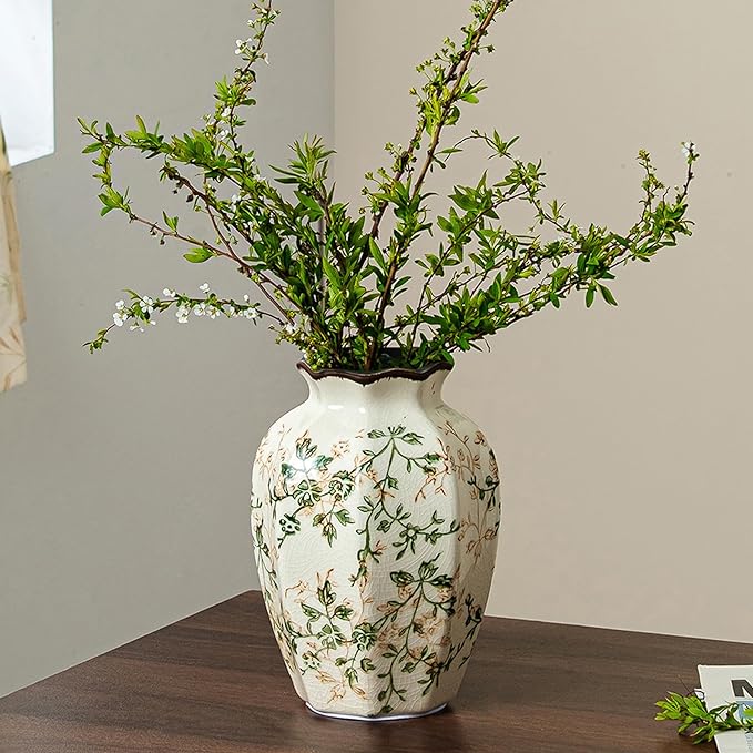 Vintage Pastoral Octagonal Vase, Green and Beige Retro Ceramic Flower Vases, Rustic Farmhouse Vases Chinoiserie Floral Small Vase for Home Decor, Living Room, Kitchen, Bedroom and Shelf 6.7 Inch