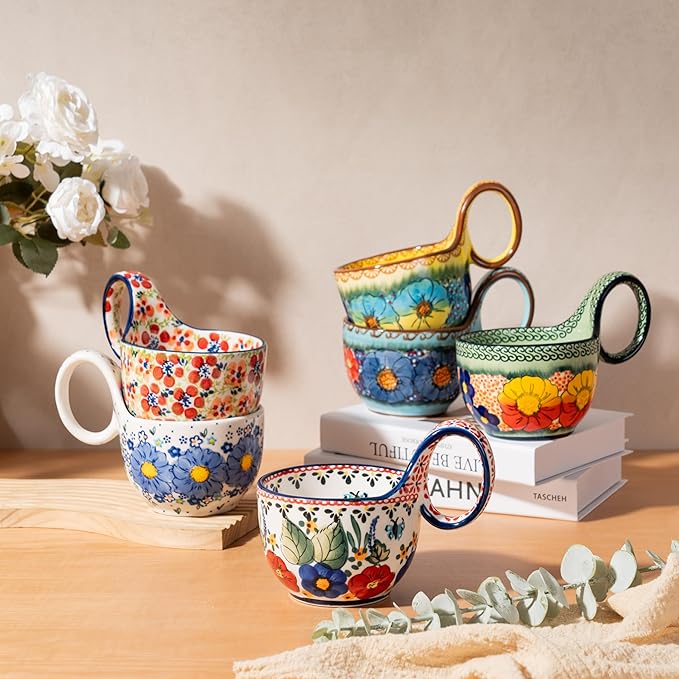 silesia Handmade Loop Handle Soup Bowl, Plate and Spoon Set Ceramic Hand Painted Cereal Bowl Great for Soup, Ice cream, Snack, Stew in Gift Box, Dishwasher & Microwave Safe, Glazed Yellow