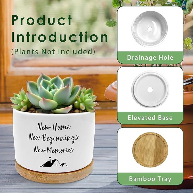 Housewarming Gifts New Home Plant Pots, Homeowner Hostess Gifts Succulent Planters, New Home Beginnings Memories Ceramic Plant Flower Pots for Home Office Desk Table Shelf(No Plants)