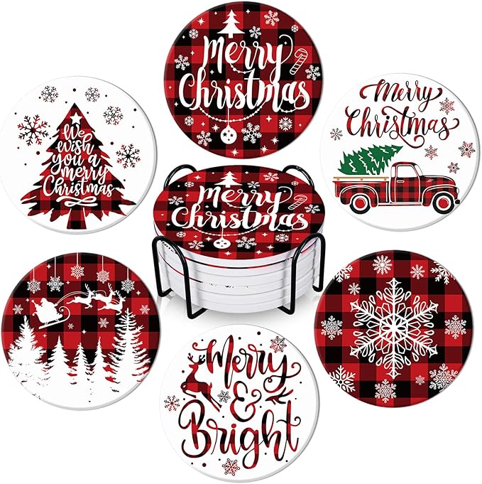 6Pcs Christmas Coasters with Metal Holder Xmas Tree Snowflake Truck Drink Coasters Red Black Plaid Winter Holiday Ceramic Cup Mat for Home Kitchen Table Decor, 4.1 x 0.3 Inch