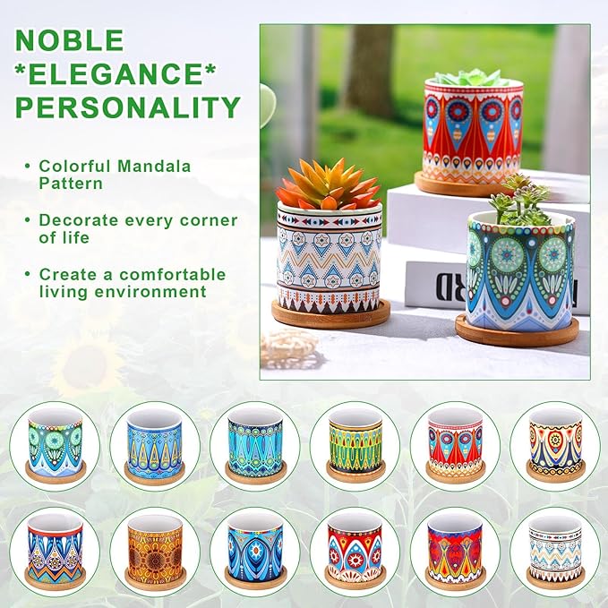 Zopeal 12 Pcs 3 Inch Mandala Ceramic Succulent Pots with Bamboo Trays, Small Indoor Cactus Planters with Drainage Holes for Desk, Windowsill and Home Decor