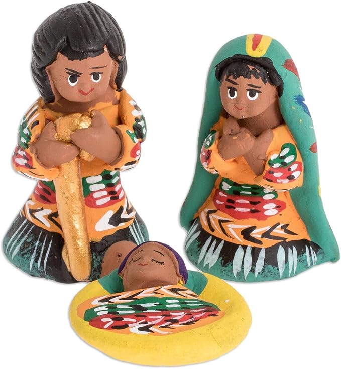 NOVICA Handmade Ceramic Nativity Scene | Multicolor Ornaments Scenes Painted | Small Figurines | Christian Religious | Artisan Crafted Home Deco | Guatemala 2" H x 1" W x 1.2" D (3 Pieces)