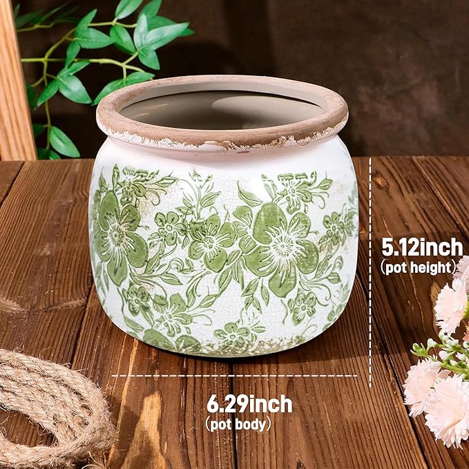 Flower Pot,Vintage Ceramic Pot for Planter with Drainage Holes, 6.29 inch Ice Crack Glazed Indoor Planters Pot for Indoor,Tucan Home Decor,Gardening Gifts,Green (Traditional)