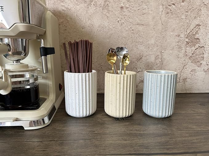 Stoneware Coffee Bar Utensil Holder Tea & Coffee Spoon & Stirrer Holder for Stir Stick Straw Teaspoon Holder Spoon Cup Small Utensil Jar Fluted Vertical Stripe (Speckled Beige)