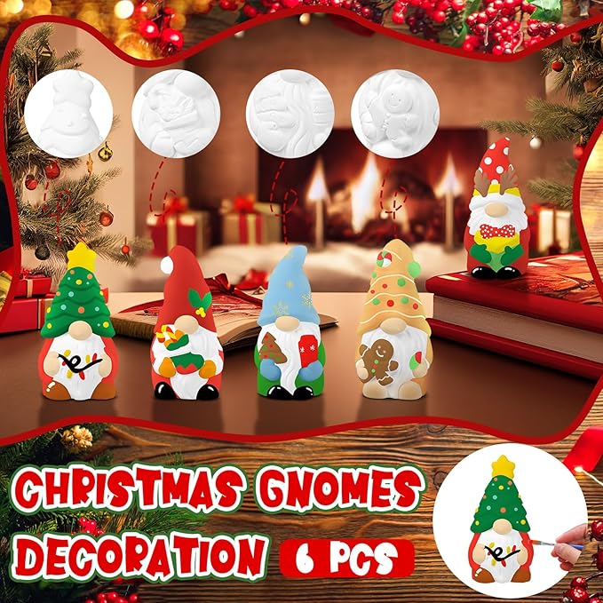 Eersida 6 Sets Gnome Ceramics to Paint Pumpkin Ready to Paint Your Own Ceramic Gnome Statues DIY Unpainted Ceramics Paintable Figurines Kit Crafts with Brush Palette(Christmas)