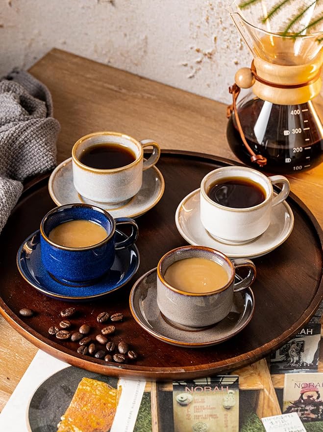 Gomakren 2.5 Ounce Espresso Cups Set of 4, Small Stackable Coffee Cups with Saucers and Metal Stand, Valentine Porcelain Demitasse Cups for Specialty Coffee Drinks, Espresso, Cappuccino, Latte, Gray