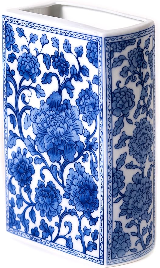 Blue and White Book Vase, Chinoiserie Ginger Jar Flower Vase for Home Decor Tabletop, Blue and White Porcelain Décor,8" H