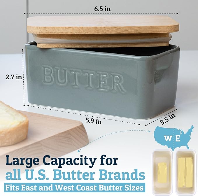 PriorityChef Extra Large Butter Dish with Lid for Countertop, Ceramic Butter Container With Airtight Cover, Butter Keeper for Counter or Fridge, Butter Holder Storage, Grey
