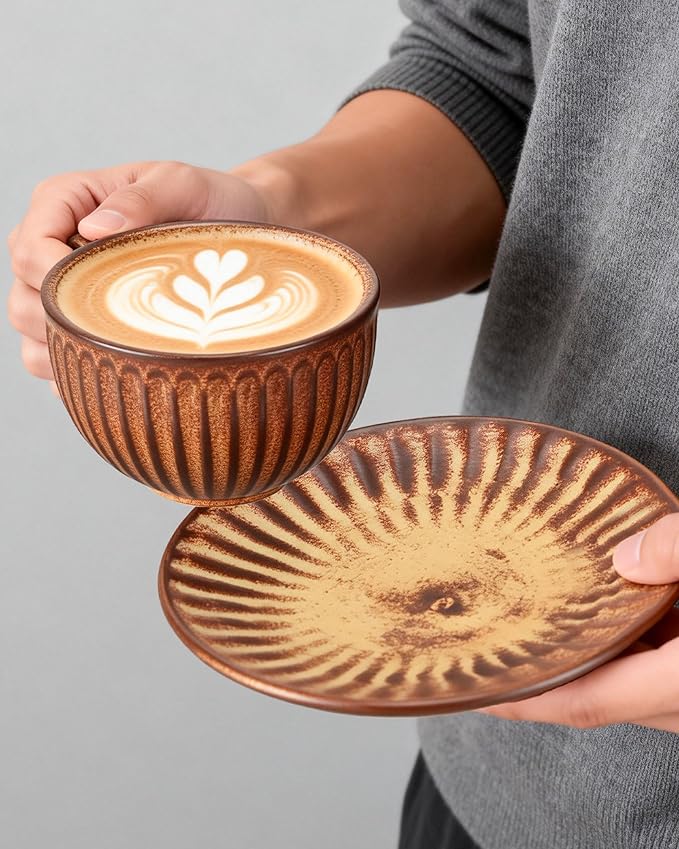 Vintage Design 11 oz Ceramic Latte Art Cappuccino Barista Cup with Saucer,Porcelain Vintage Embossed Tea Cup for Espresso,Coffee Bar, Brunch,Home Kitchen,Cups Are Microwave and Dishwasher Safe