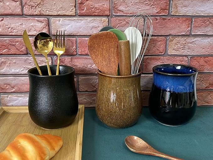 Short Kitchen Utensil Holder for Kitchen Counter, Ceramic Small Utensil Crock & Vase & Holder for Cutlery Spatula Brush Silverware Cooking Utensil Holder (Rustic Brown)