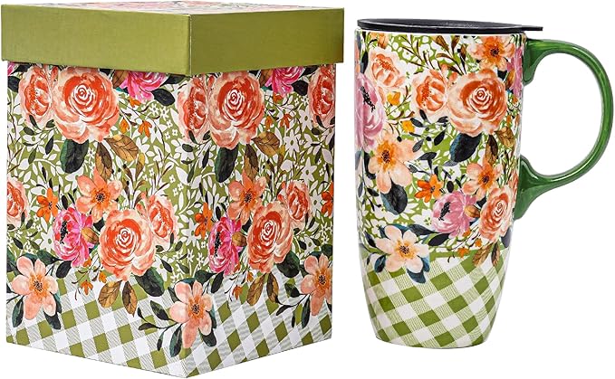 DUSVALLY Ceramic Tall Coffee Mug, Friends Coffee Cup Gift Set, Travel Mug with Lid for Office and Home, Unique Gifts for Women and Man, Flower Mug, Color Box, 17oz Large Cup, Green