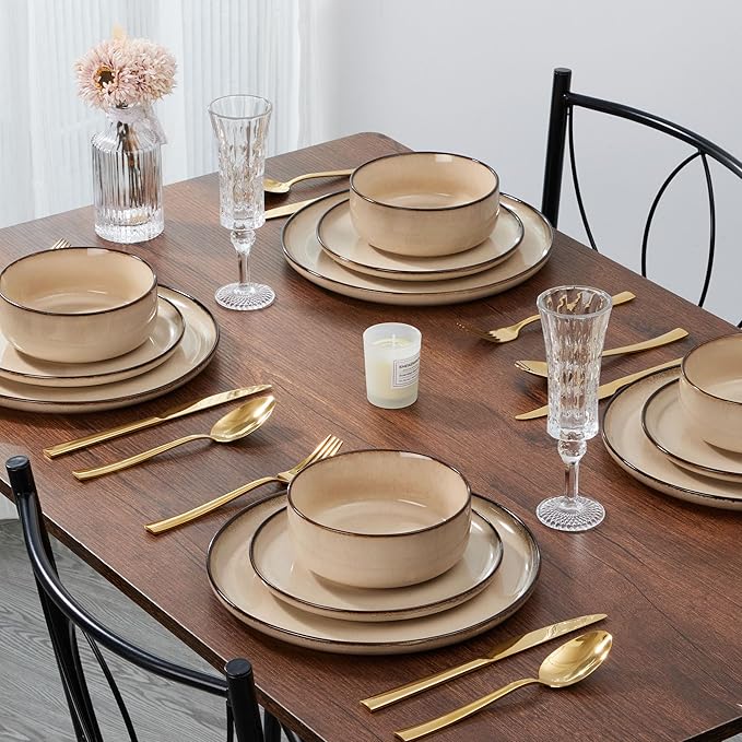 E-far 8” Ceramic Salad Plates Set of 6, Reactive Glaze Stoneware Dishes, Round Dessert Plate for Home Kitchen Restaurant, Microwave & Dishwasher Safe – Sandy Beige