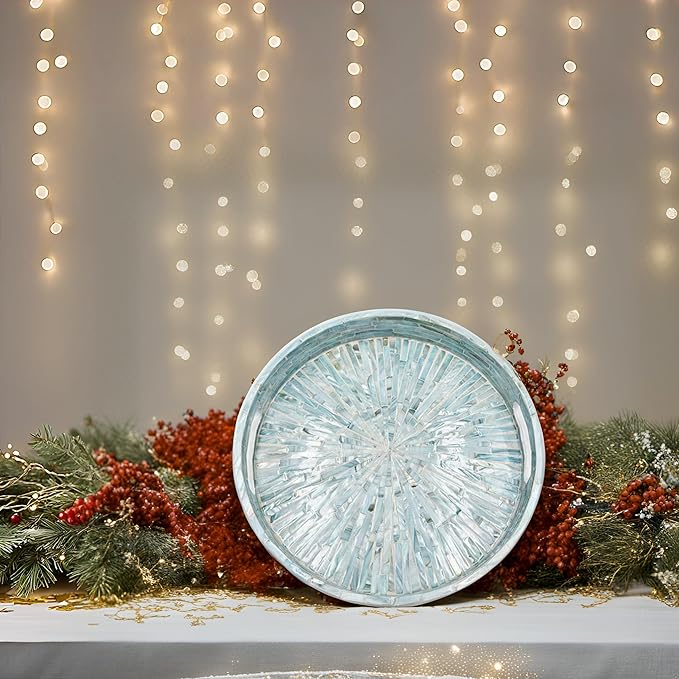 PEMAR 12.6” Mother of Pearl Round Serving Tray with Handles, Decorative Nacred Wooden Ottoman Coffee Table Tray (Teal Sunlight)