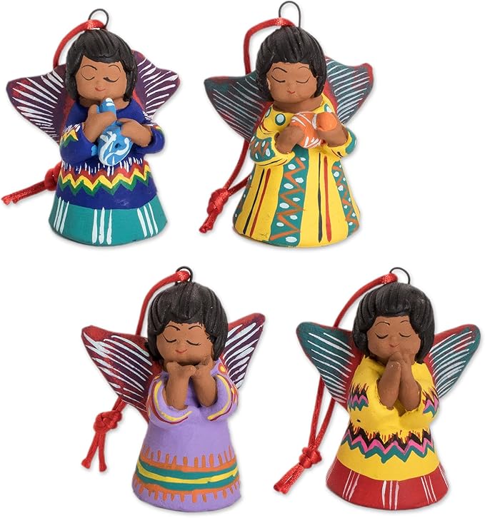 NOVICA Artisan Handmade Ceramic Ornaments Unique Central American Set of 4 Assorted Guatemala Holiday Decor Christmas Angel [ 3.5in H x 2.4in W x 1.8in D Bag 7in L x 5.5in W] ' Angels' Set of 4