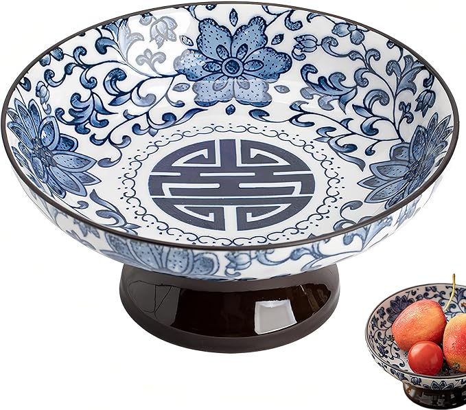 Vintage Blue and White Porcelain Tea Pastry Tray - Footed Fruit Platter, Asian Style Small Plates, Snack Dessert Nut Bowls, Ceramic Serving Tray, Japanese and Asia Phoenix Design