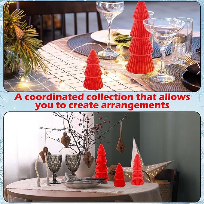 Aneco 4 Pack Velvet Ceramic Christmas Tree Christmas Indoor Decorations Modern Cone Xmas Tabletop Decor for Home Entryway Table Mantel Centerpiece Winter Holiday Party Supplies, Red
