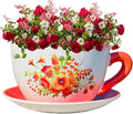 7.5" Round Ceramic Teacup Shape Planter Pot with Saucer for Succulents Orchids Herbs Cactus Indoor Houseplants Flowers for Valentines Day Gift – Orange Poppy Floral