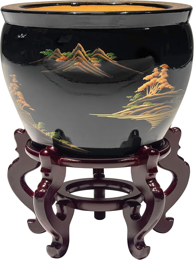 Red Lantern 16" Black Lacquer Fishbowl - Landscape