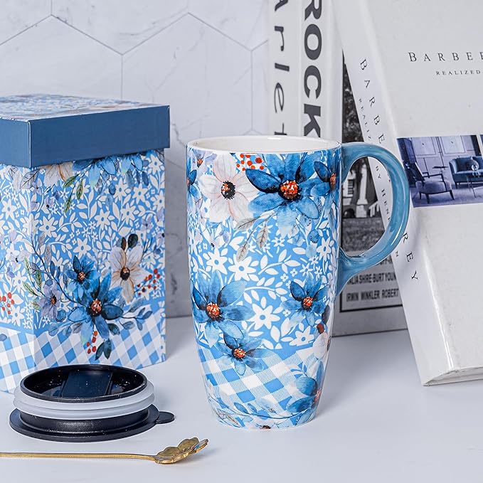 DUSVALLY Ceramic Tall Coffee Mug, Friends Coffee Cup Gift Set, Travel Mug with Lid for Office and Home, Unique Gifts for Women and Man, Flower Mug, Color Box, 17oz Large Cup, Blue