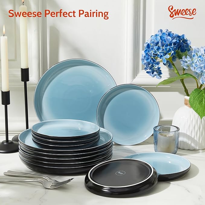 Sweese Porcelain Dessert Plates, 7.4 Inch Lightweight Round Salad Plates Set of 6, Small Appetizer, Small Kitchen Dish, Microwave & Dishwasher Safe, Scratch Resistant Plates set, Black & Blue