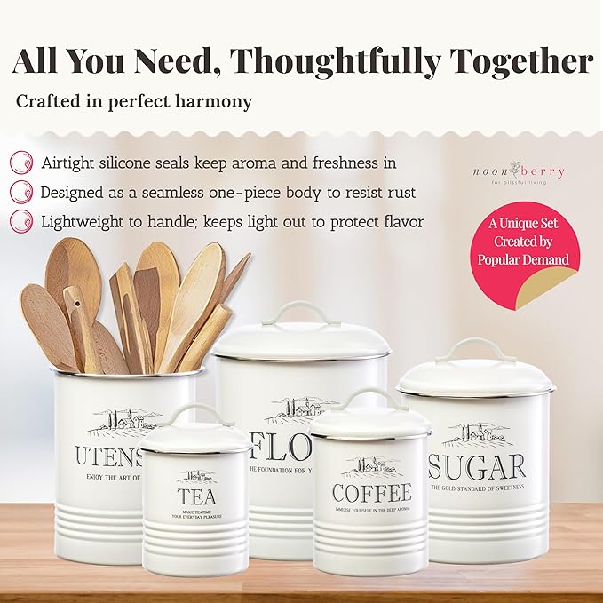 Kitchen Canisters for Countertop – 5-Piece Airtight Flour Sugar Coffee Tea Kitchen Canister Set with Utensil Holder – Sugar and Flour Containers for Kitchen Counter, Cream-White Finish