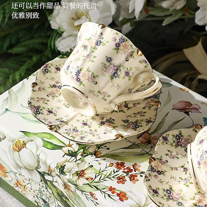 TATSUMI Country Roses 18 Peices Bone China Tea Cup And Saucer Set, English Vintage Tea Cups Of 6 For Women And Tea Party Sets(yellow,6 Sets)