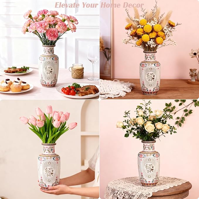 Flower Vase - 11.42 Inch Hollow Out Ceramic Vase, Vintage Chinese Style Home Decor, Handcrafted Patel White Porcelain Centerpiece for Living Room Table Shelf (Pastel A)